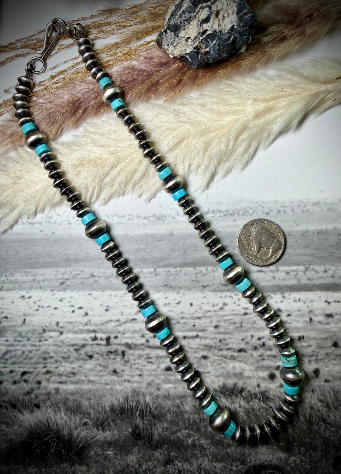 18" Sterling Pearl, Saucer and Turquoise Bead Necklace by Crystal Haley