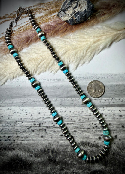 18" Sterling Pearl, Saucer and Turquoise Bead Necklace by Crystal Haley