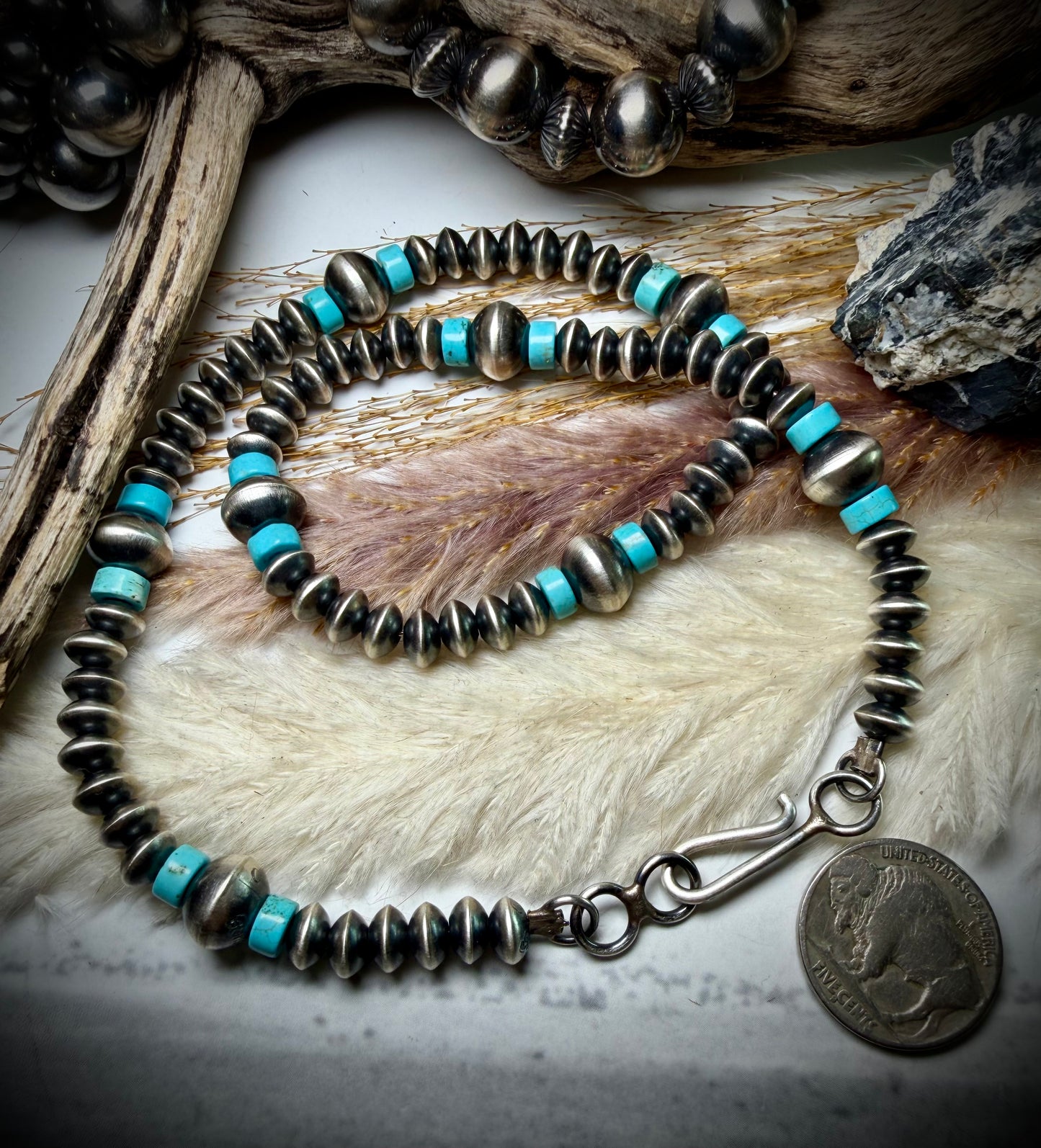 18" Sterling Pearl, Saucer and Turquoise Bead Necklace by Crystal Haley