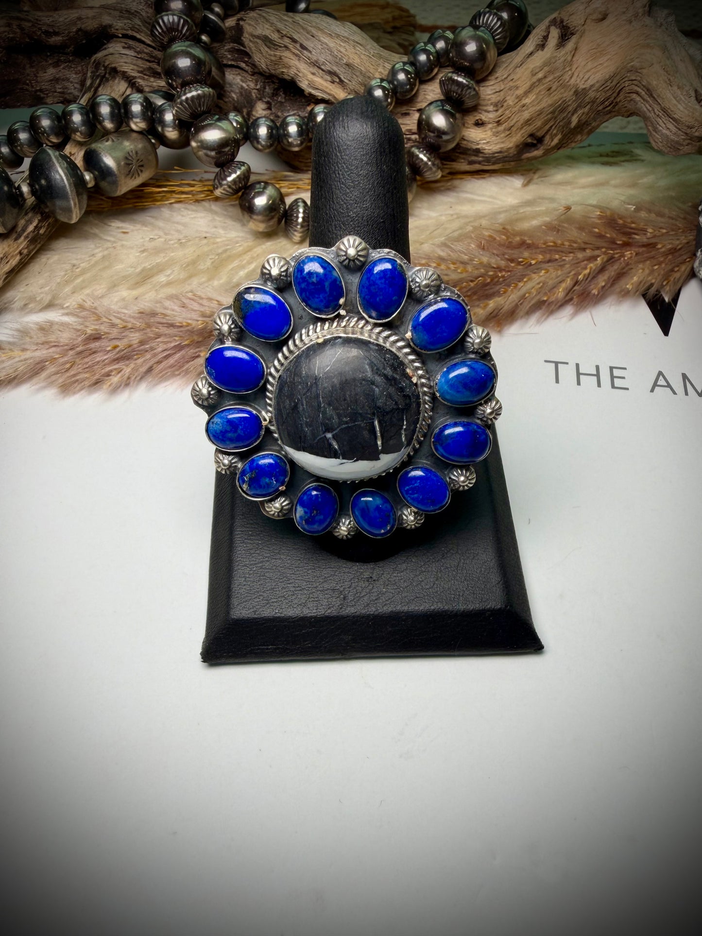 Adjustable White Buffalo & Lapis Ring