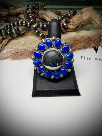 Adjustable White Buffalo & Lapis Ring