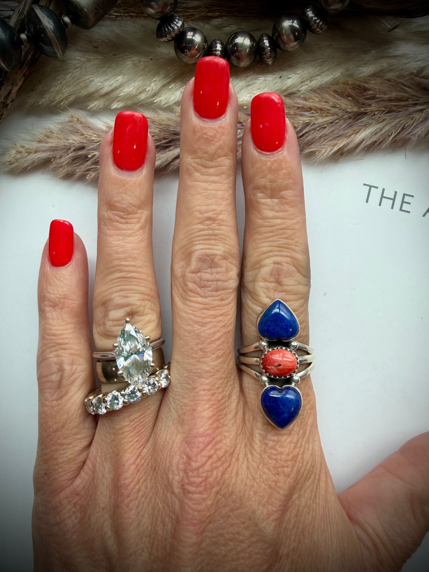 Lapis & Red Spiny Heart Ring- 9