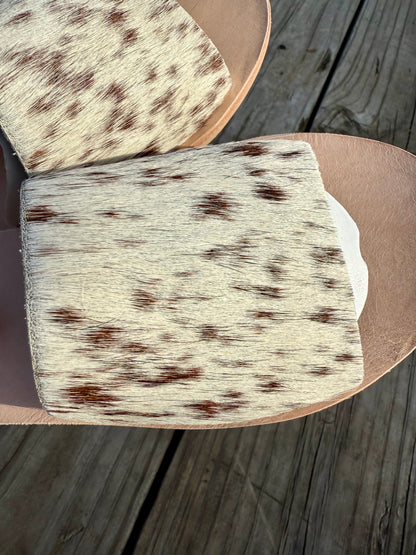 Chocolate & White Cowhide Slides