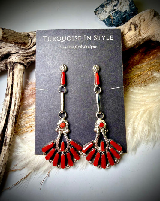 Long Zuni Red Coral Stud Dangle Earrings