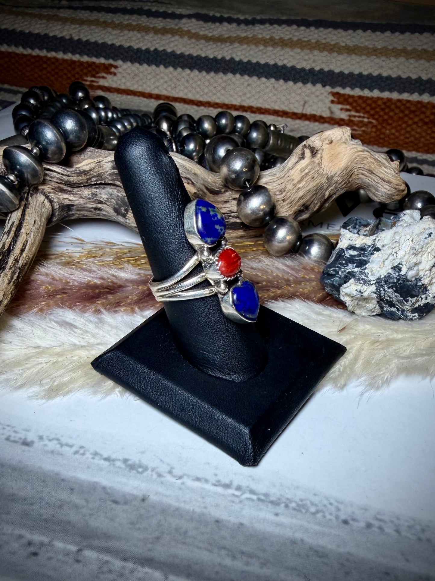 Lapis & Red Spiny Ring- Size 8