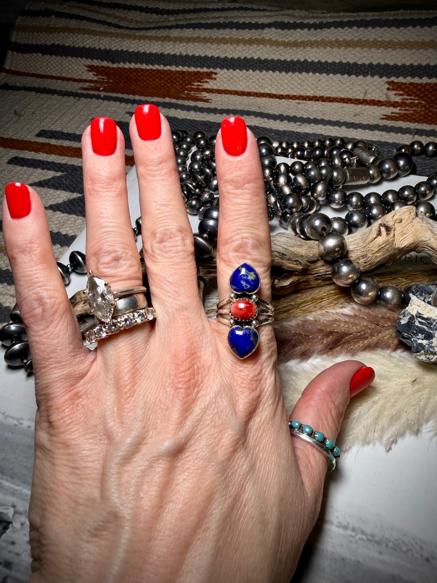 Lapis & Red Spiny Ring- Size 8
