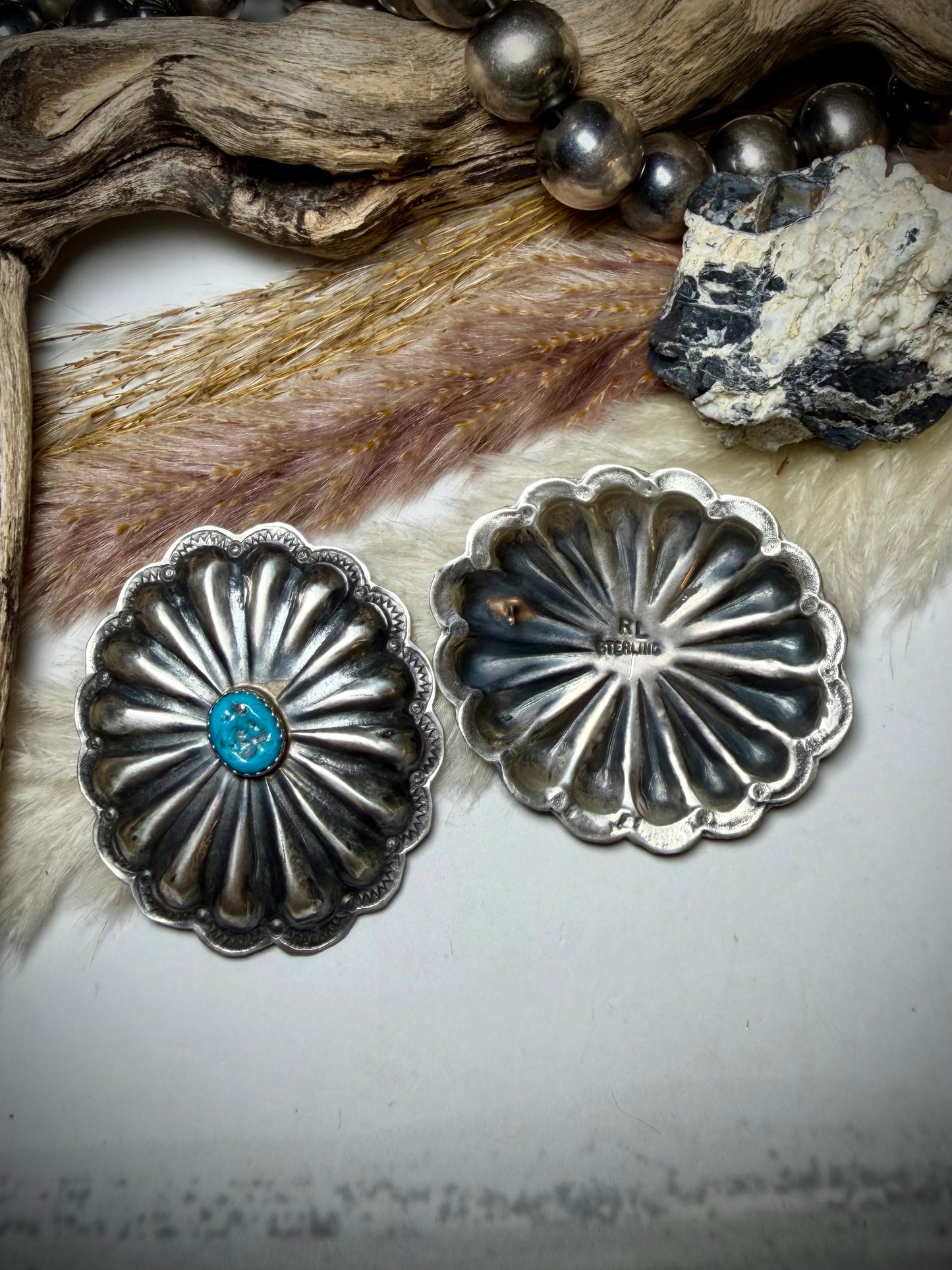 Rita Lee Oval Concho Earrings with Blue Nugget Kingman Turquoise