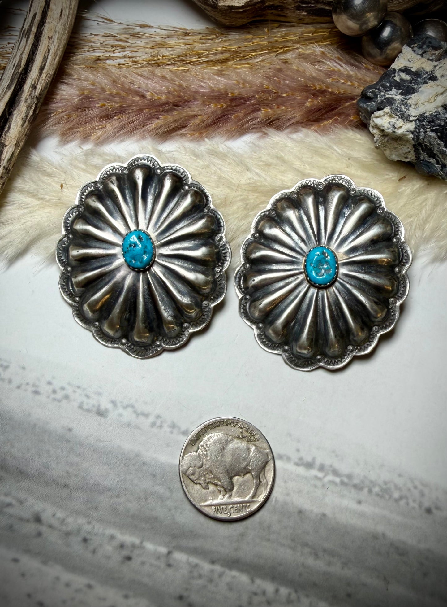 Rita Lee Oval Concho Earrings with Blue Nugget Kingman Turquoise
