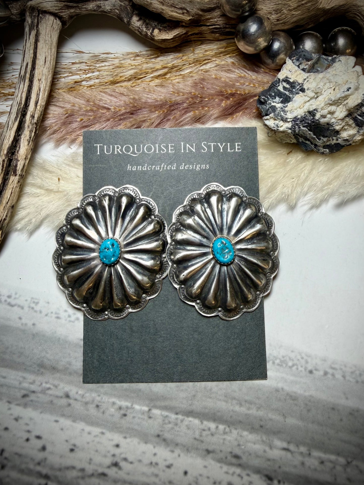 Rita Lee Oval Concho Earrings with Blue Nugget Kingman Turquoise