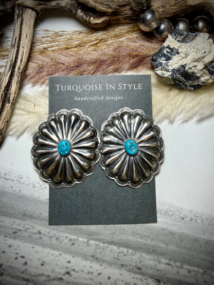 Rita Lee Oval Concho Earrings with Blue Nugget Kingman Turquoise