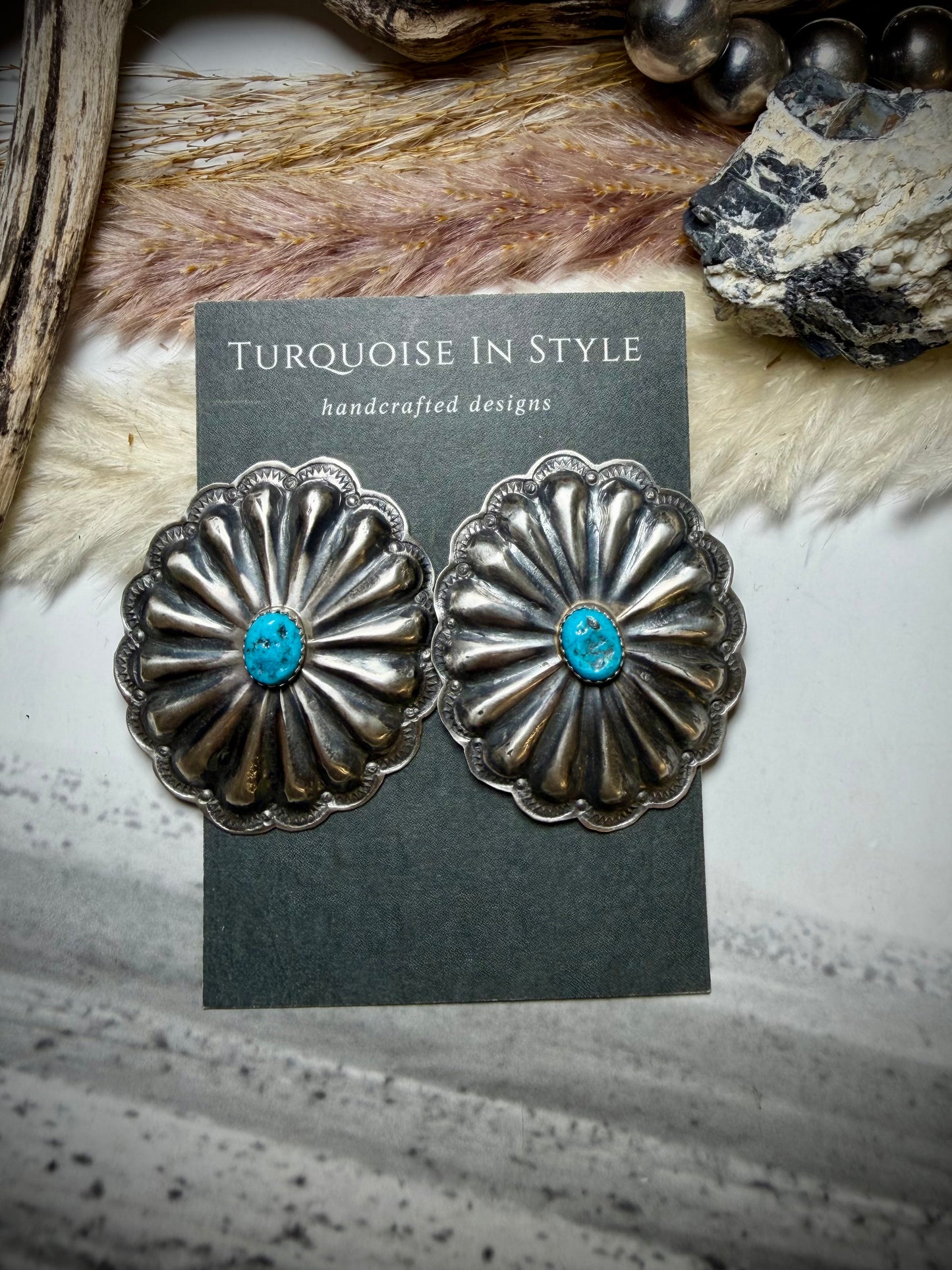 Rita Lee Oval Concho Earrings with Blue Nugget Kingman Turquoise