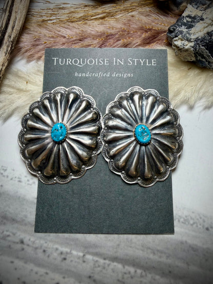 Rita Lee Oval Concho Earrings with Blue Nugget Kingman Turquoise