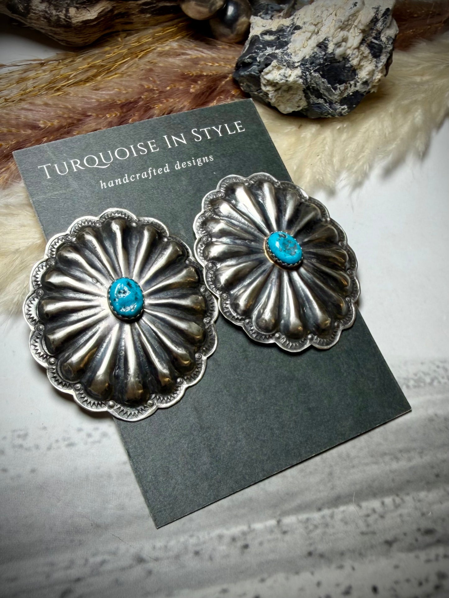 Rita Lee Oval Concho Earrings with Blue Nugget Kingman Turquoise