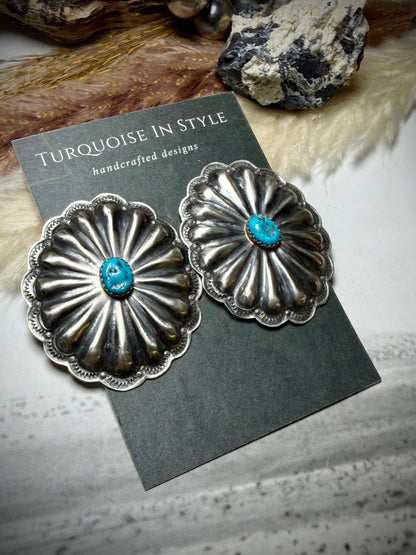 Rita Lee Oval Concho Earrings with Blue Nugget Kingman Turquoise