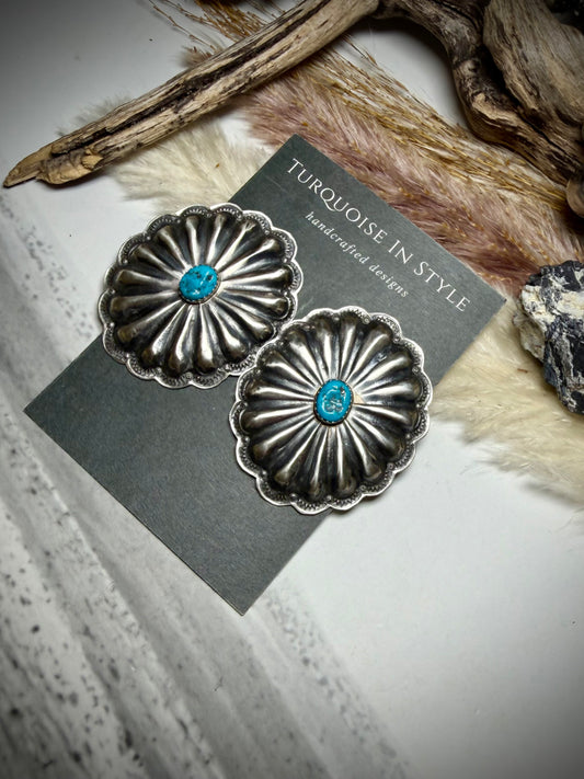 Rita Lee Oval Concho Earrings with Blue Nugget Kingman Turquoise