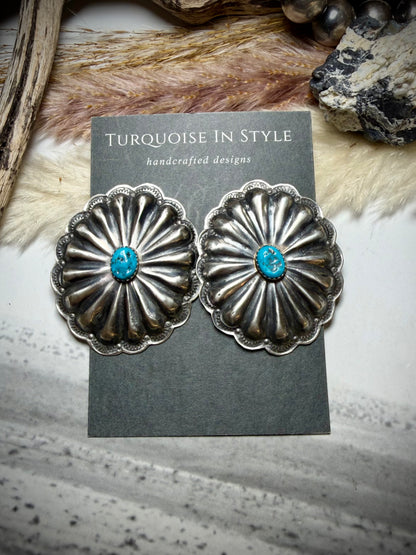 Rita Lee Oval Concho Earrings with Blue Nugget Kingman Turquoise