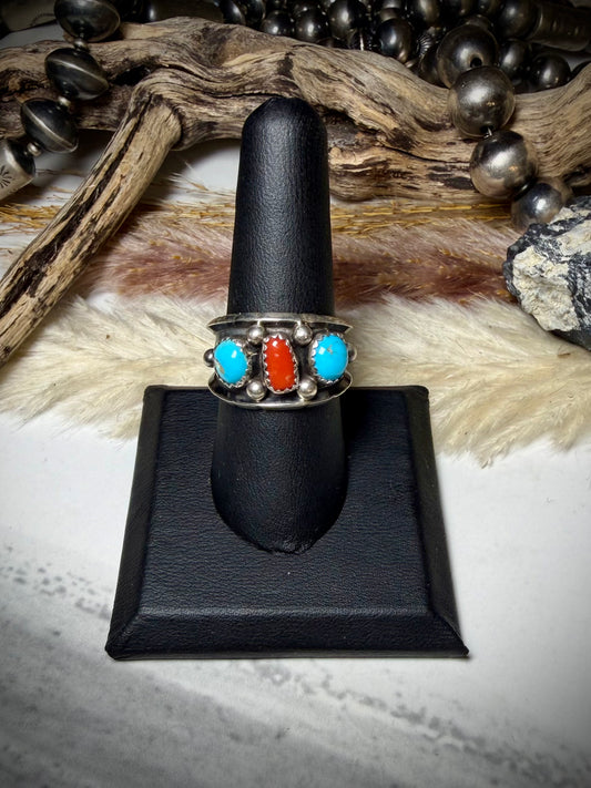 Reed Charley Red Coral & Turquoise Ring size 8 1/2