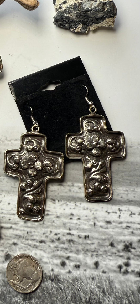 Tibetan Made, German Silver Cross Earrings