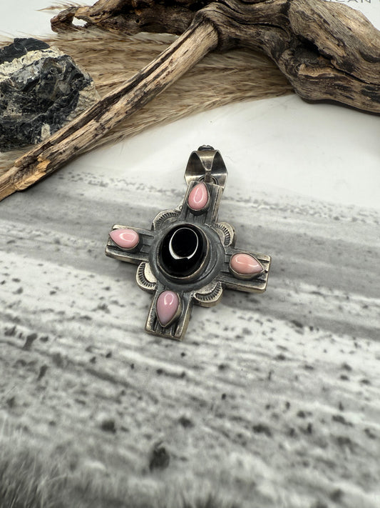 Black Onyx & Pink Conch Zia Pendant