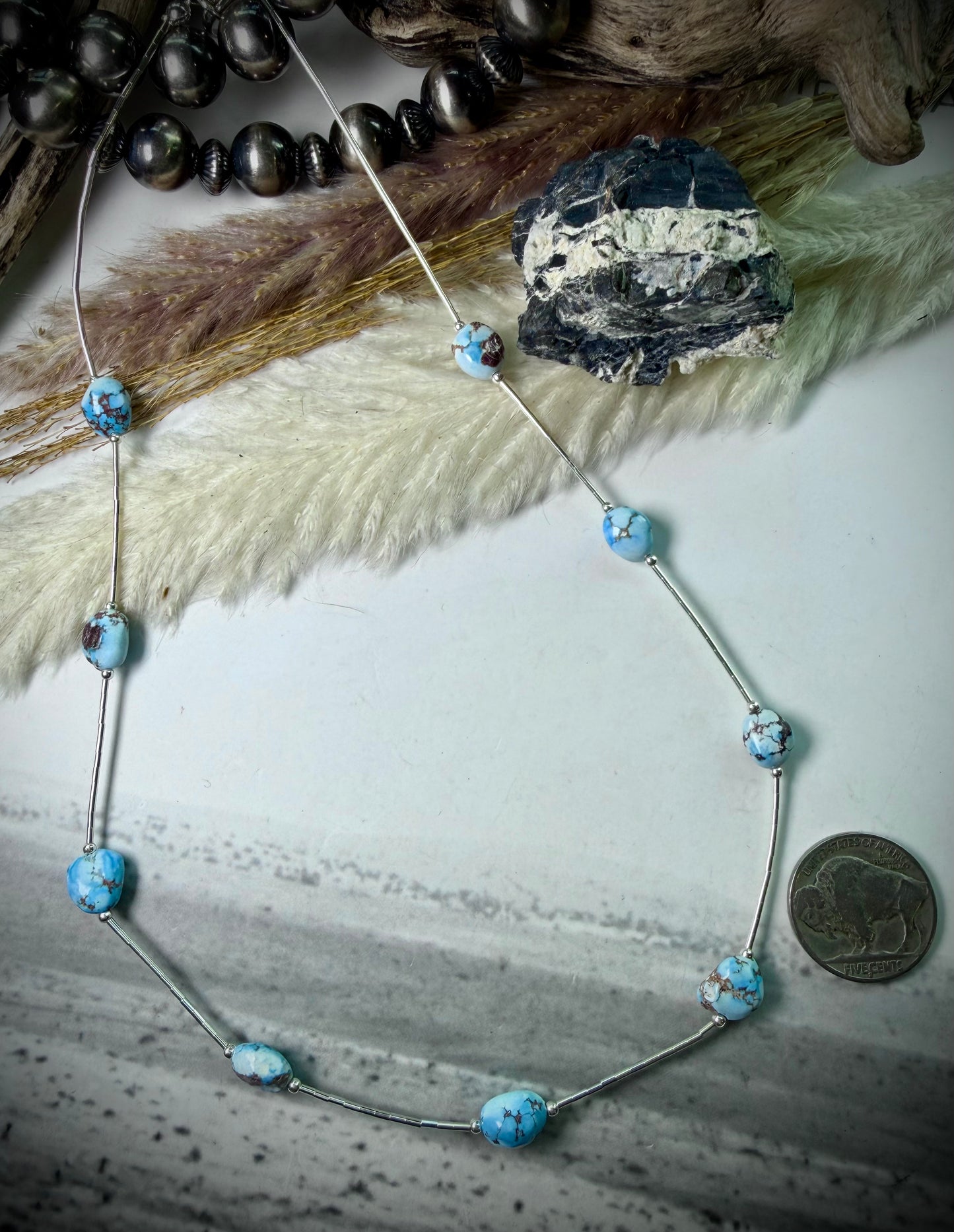 Golden Hills Turquoise & Liquid Silver Beaded Necklace 18"