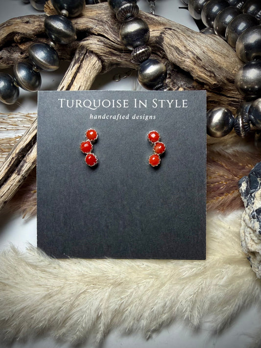 Three Stone Red Coral Studs