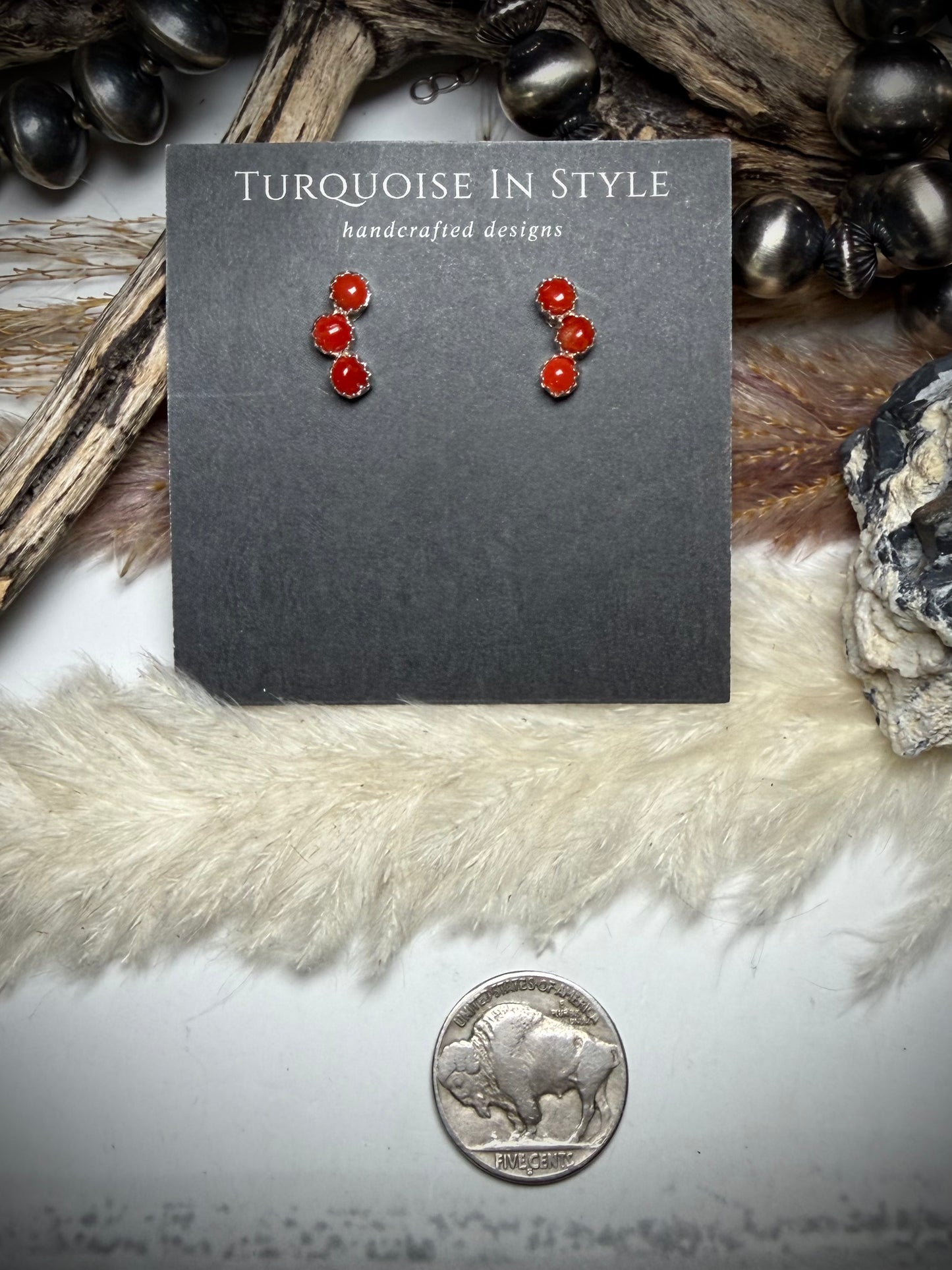 Three Stone Red Coral Studs