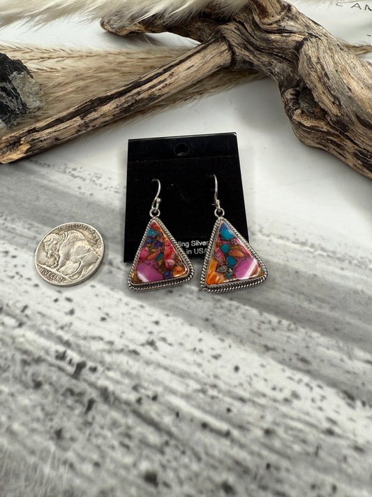 Pink Dahlia Triangle Dangle Earrings