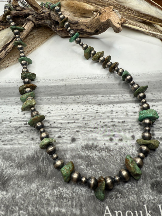 31" Handmade Green Turquoise and Sterling Pearl Necklace