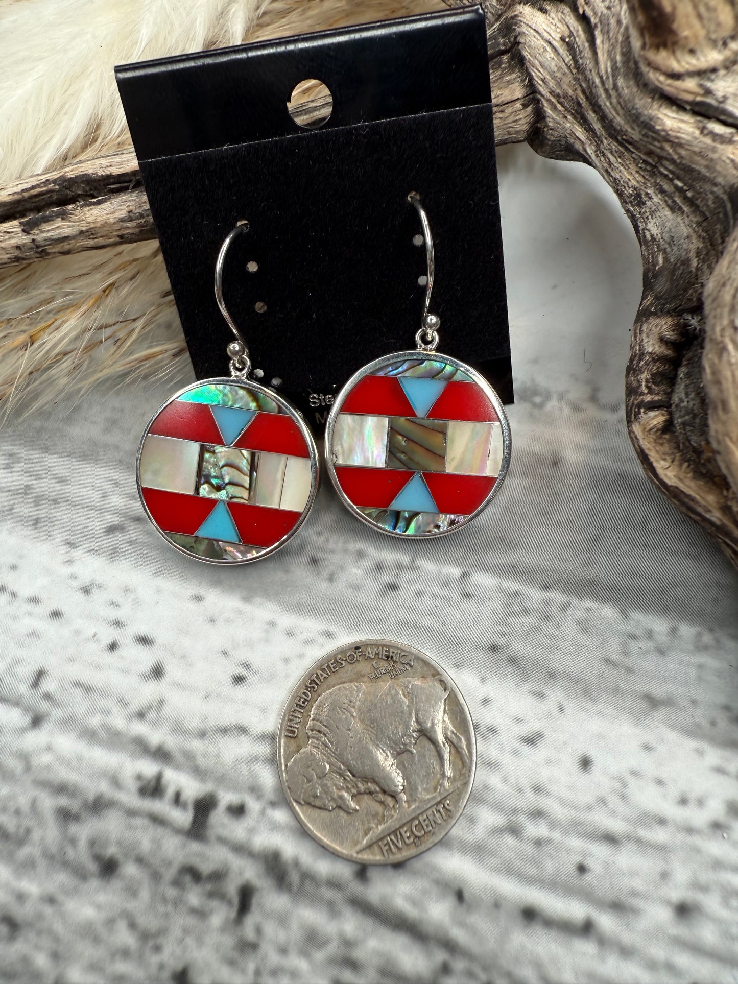 Red Coral, Abalone & Mother Of Pearl Inlay Earrings