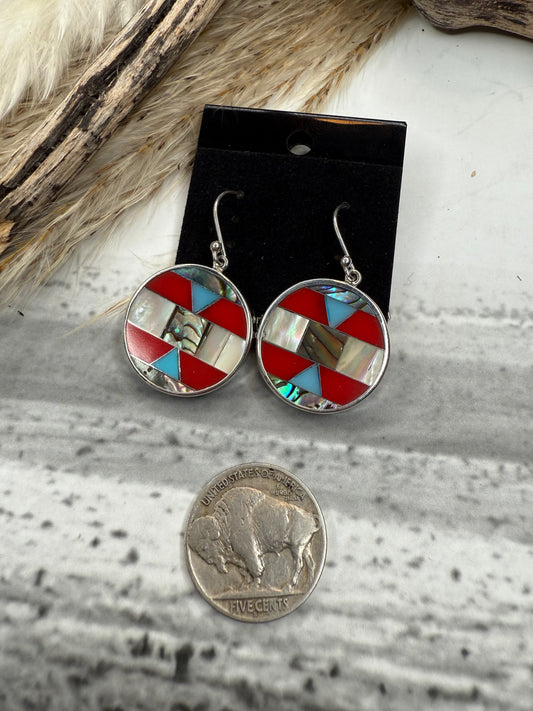 Red Coral, Abalone & Mother Of Pearl Inlay Earrings