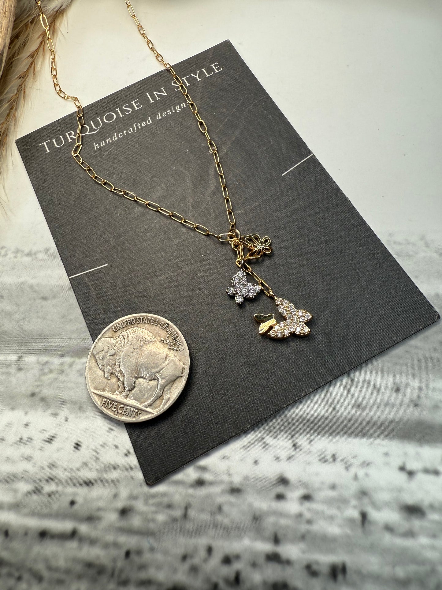 Gold Dainty Paperclip with 4 Butterflies 15.5" + 2" ext