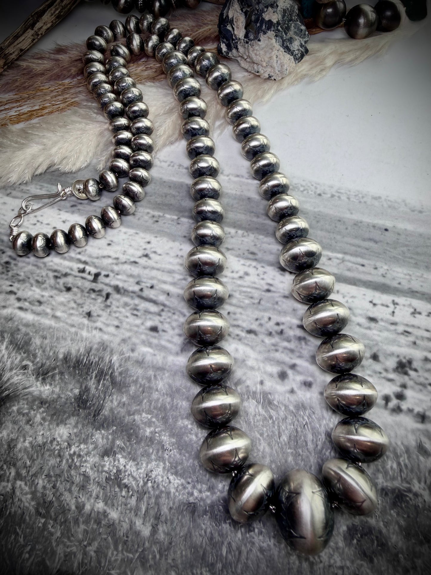 30" Graduated Stamped Sterling Silver Navajo Pearls by Bryannen Halwood