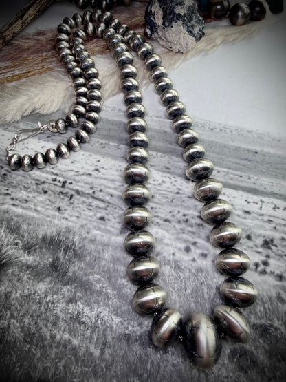 30" Graduated Stamped Sterling Silver Navajo Pearls by Bryannen Halwood