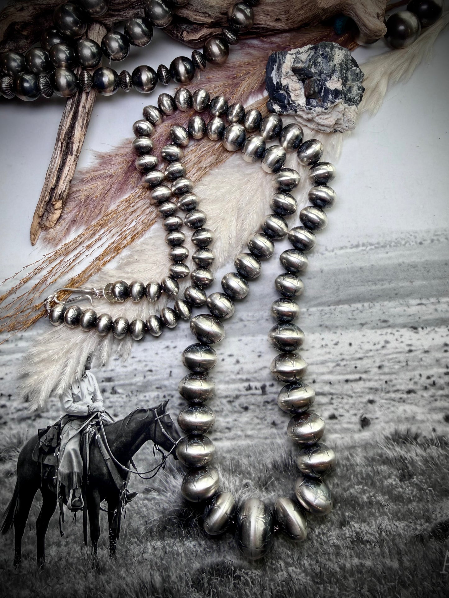 30" Graduated Stamped Sterling Silver Navajo Pearls by Bryannen Halwood