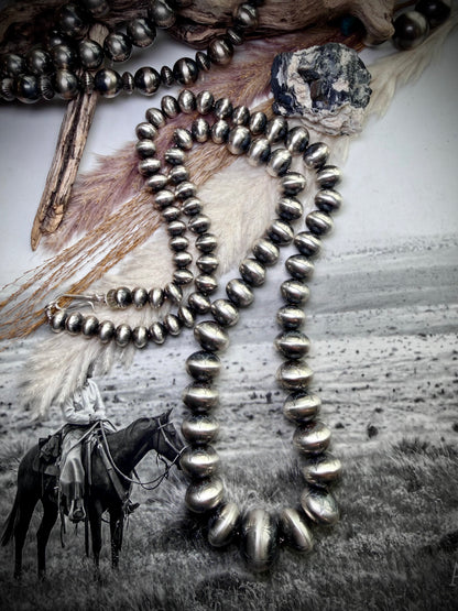 30" Graduated Stamped Sterling Silver Navajo Pearls by Bryannen Halwood