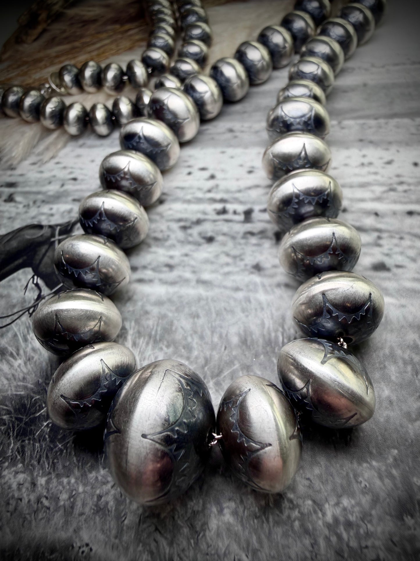 30" Graduated Stamped Sterling Silver Navajo Pearls by Bryannen Halwood