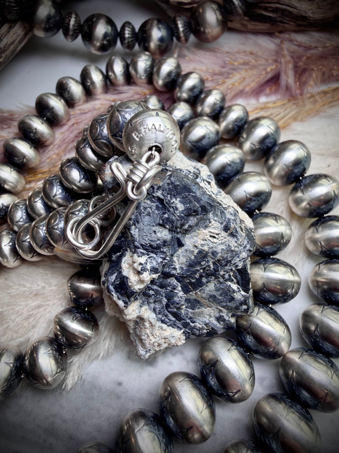 30" Graduated Stamped Sterling Silver Navajo Pearls by Bryannen Halwood