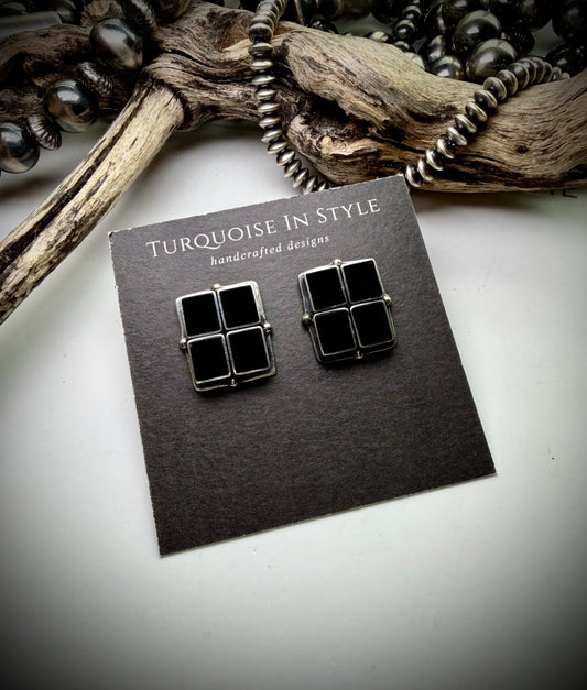 Federico Black Onyx Square Flat Stone Earrings