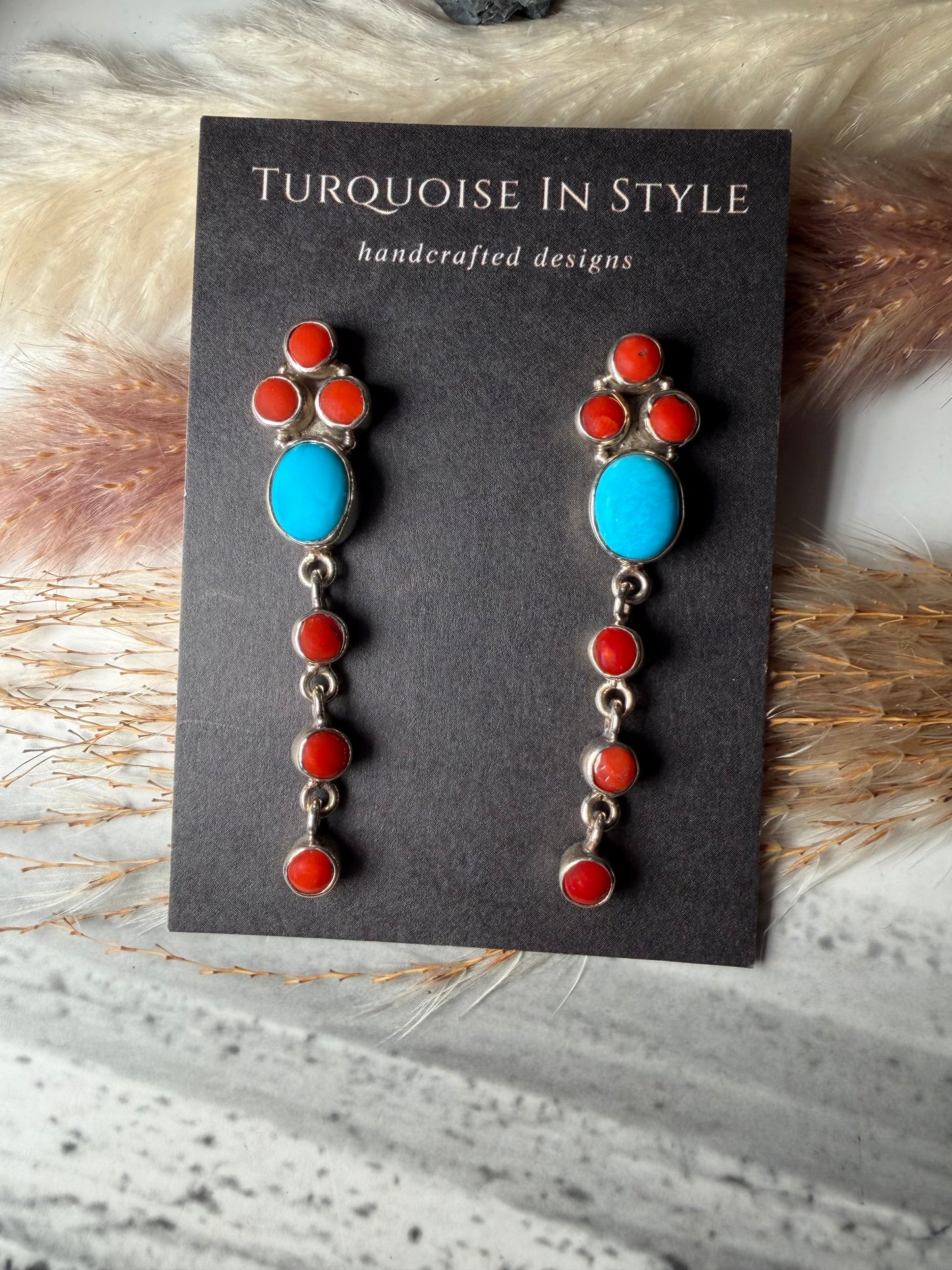 Red Coral and Turquoise Stud Dangle