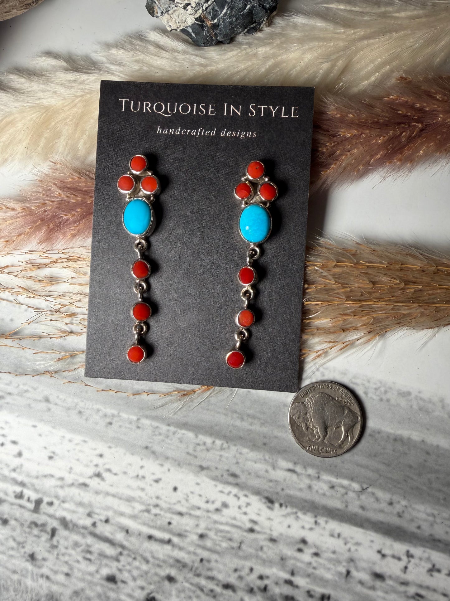Red Coral and Turquoise Stud Dangle