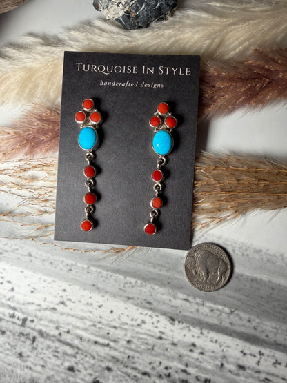 Red Coral and Turquoise Stud Dangle