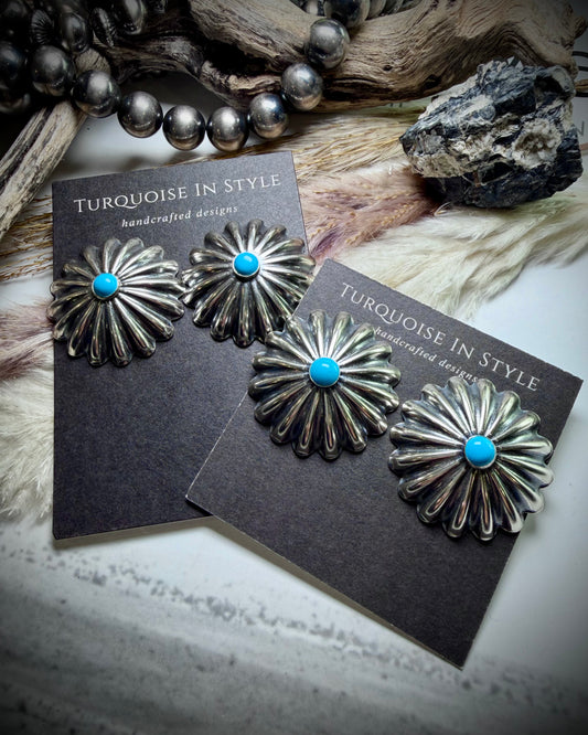 Large Sterling Silver Concho Studs with Turquoise