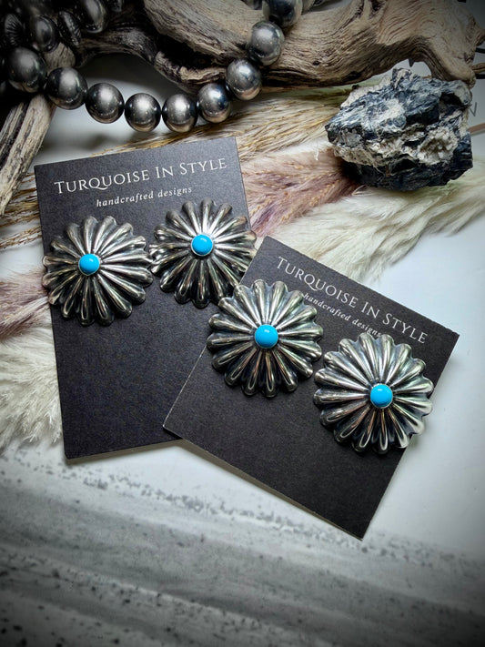 Large Sterling Silver Concho Studs with Turquoise