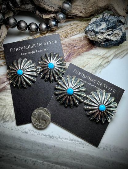 Large Sterling Silver Concho Studs with Turquoise