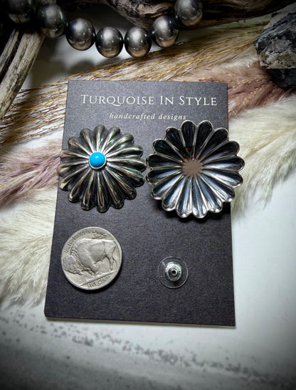 Large Sterling Silver Concho Studs with Turquoise