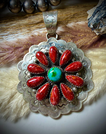 Peruvian Red Spiny and Sonoran Turquoise Pendant by Kee Johnson