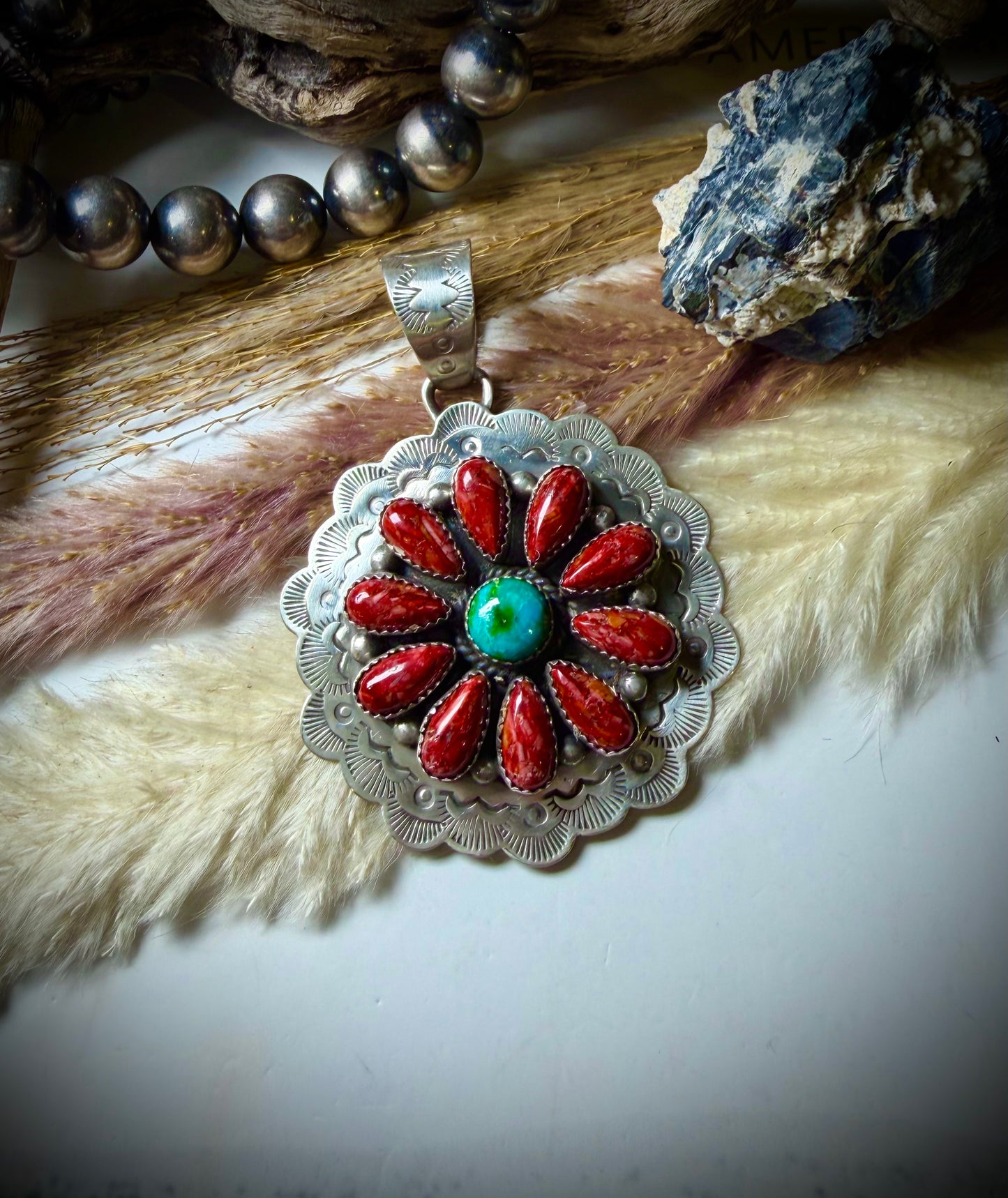 Peruvian Red Spiny and Sonoran Turquoise Pendant by Kee Johnson