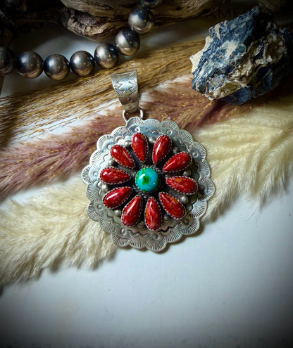 Peruvian Red Spiny and Sonoran Turquoise Pendant by Kee Johnson