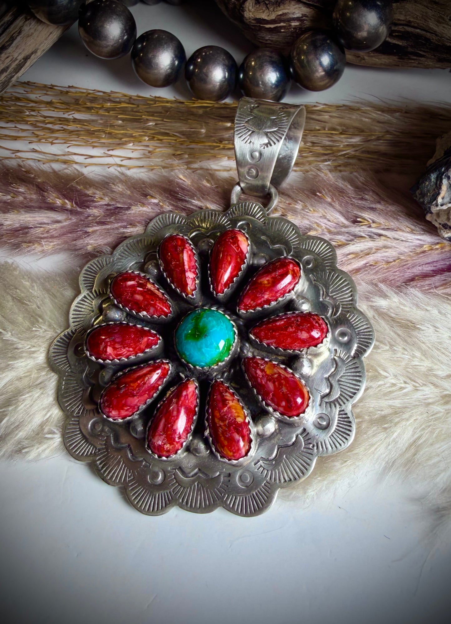 Peruvian Red Spiny and Sonoran Turquoise Pendant by Kee Johnson