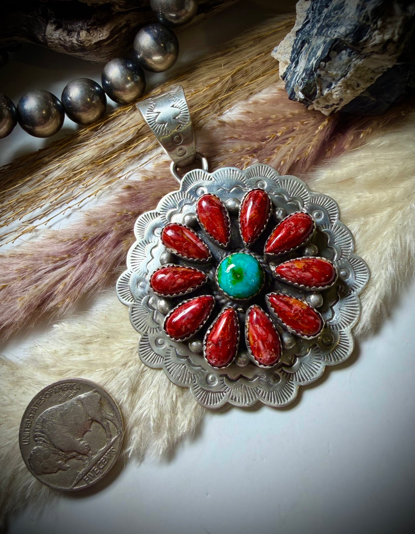Peruvian Red Spiny and Sonoran Turquoise Pendant by Kee Johnson